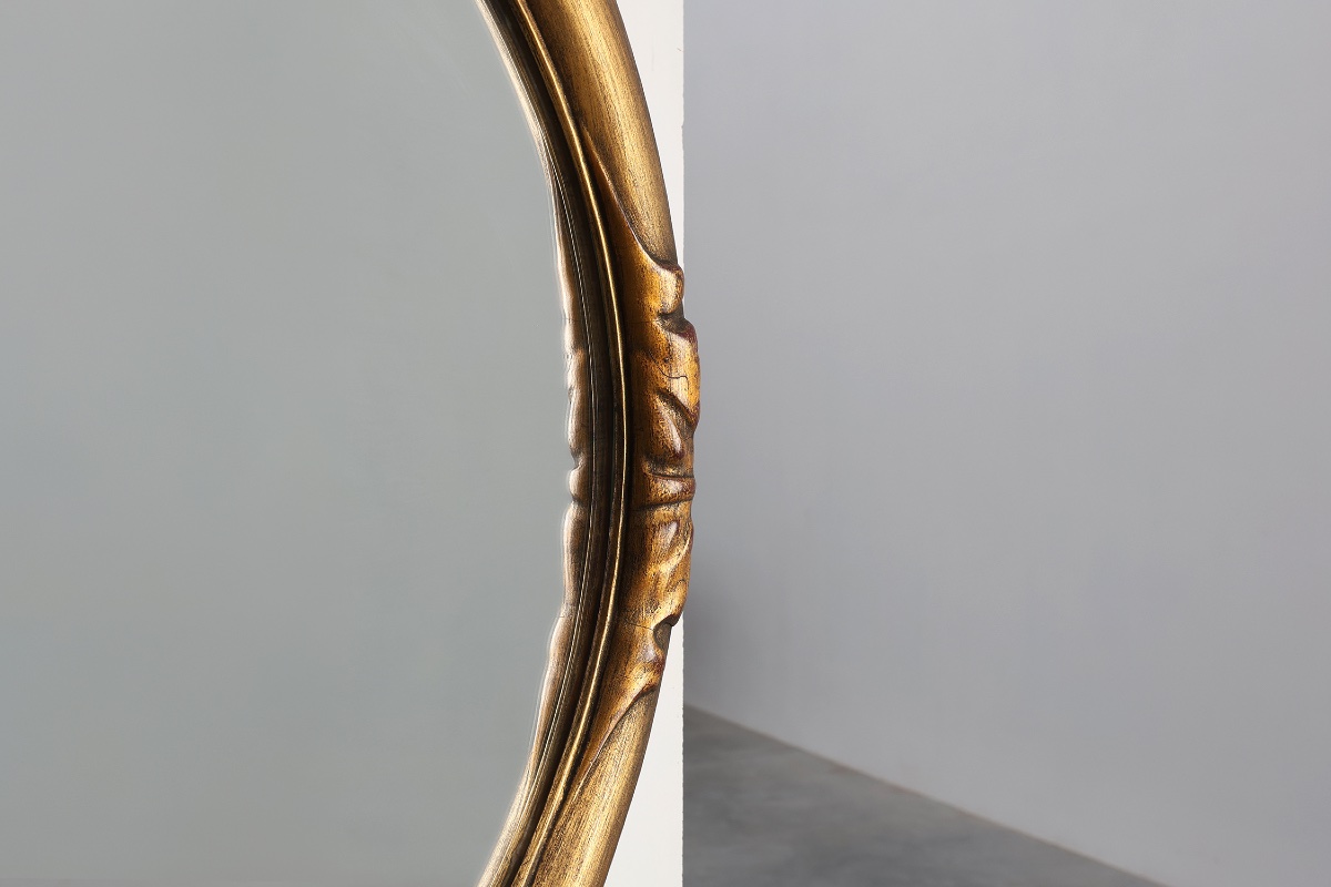 Art Deco Oval Mirror In Gilded Oak, Belgium, 1920s-photo-2
