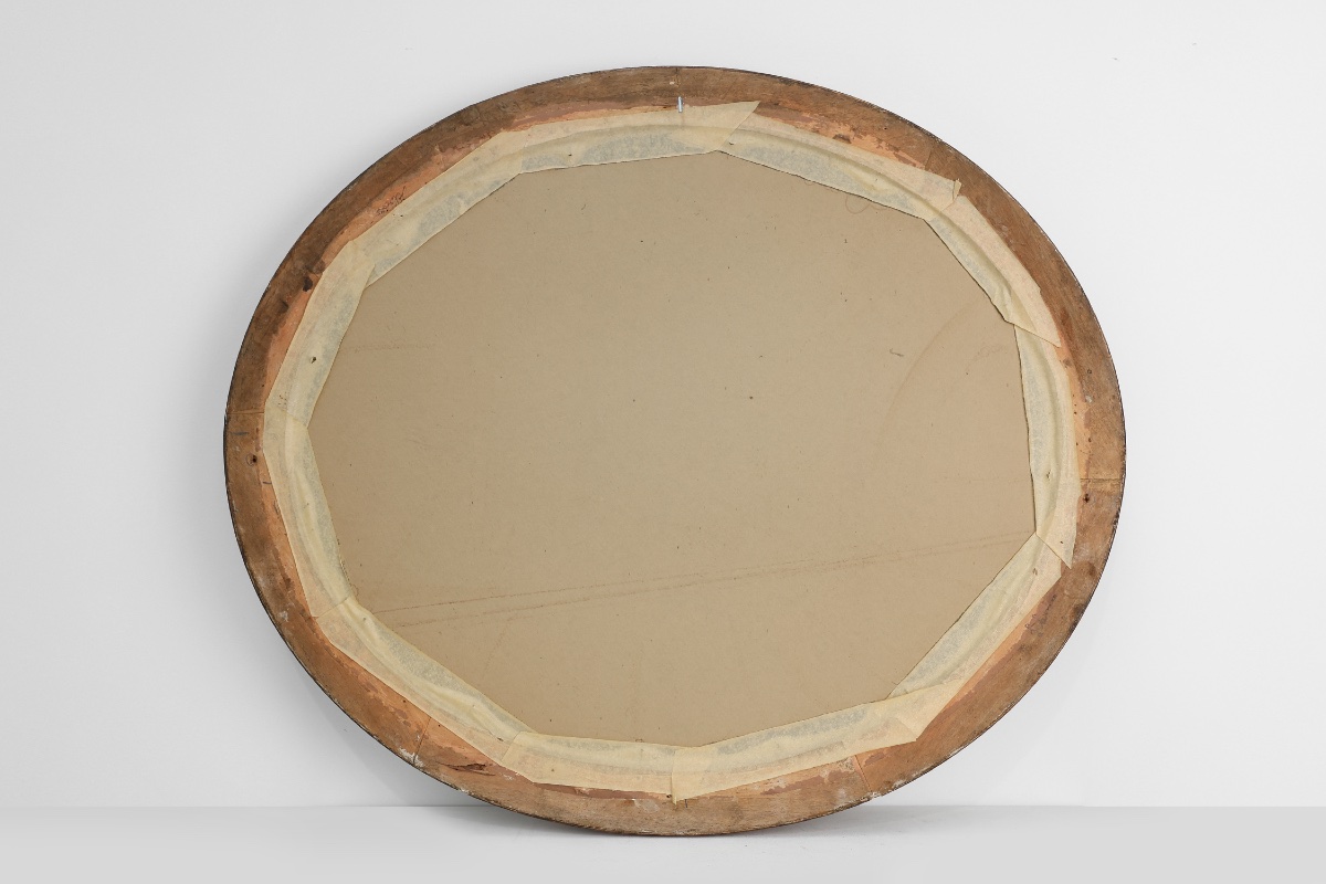 Art Deco Oval Mirror In Gilded Oak, Belgium, 1920s-photo-3