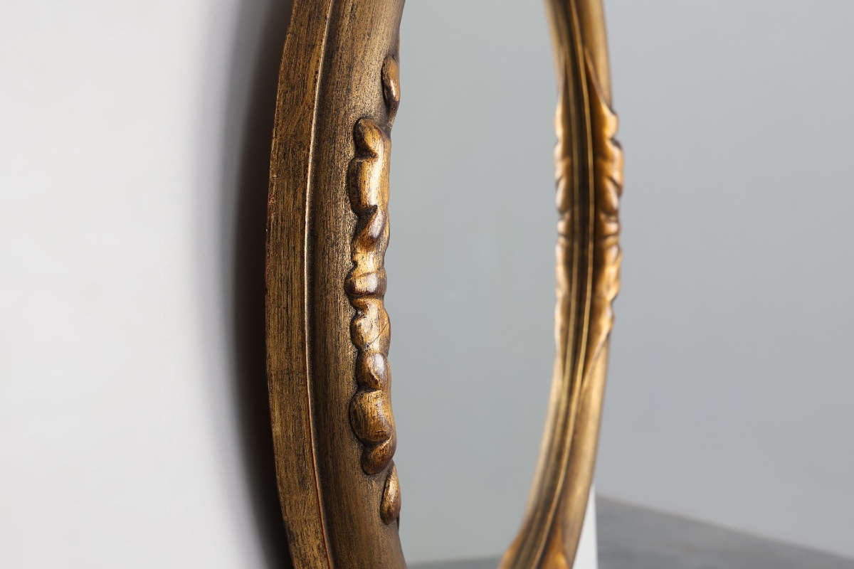 Art Deco Oval Mirror In Gilded Oak, Belgium, 1920s-photo-5