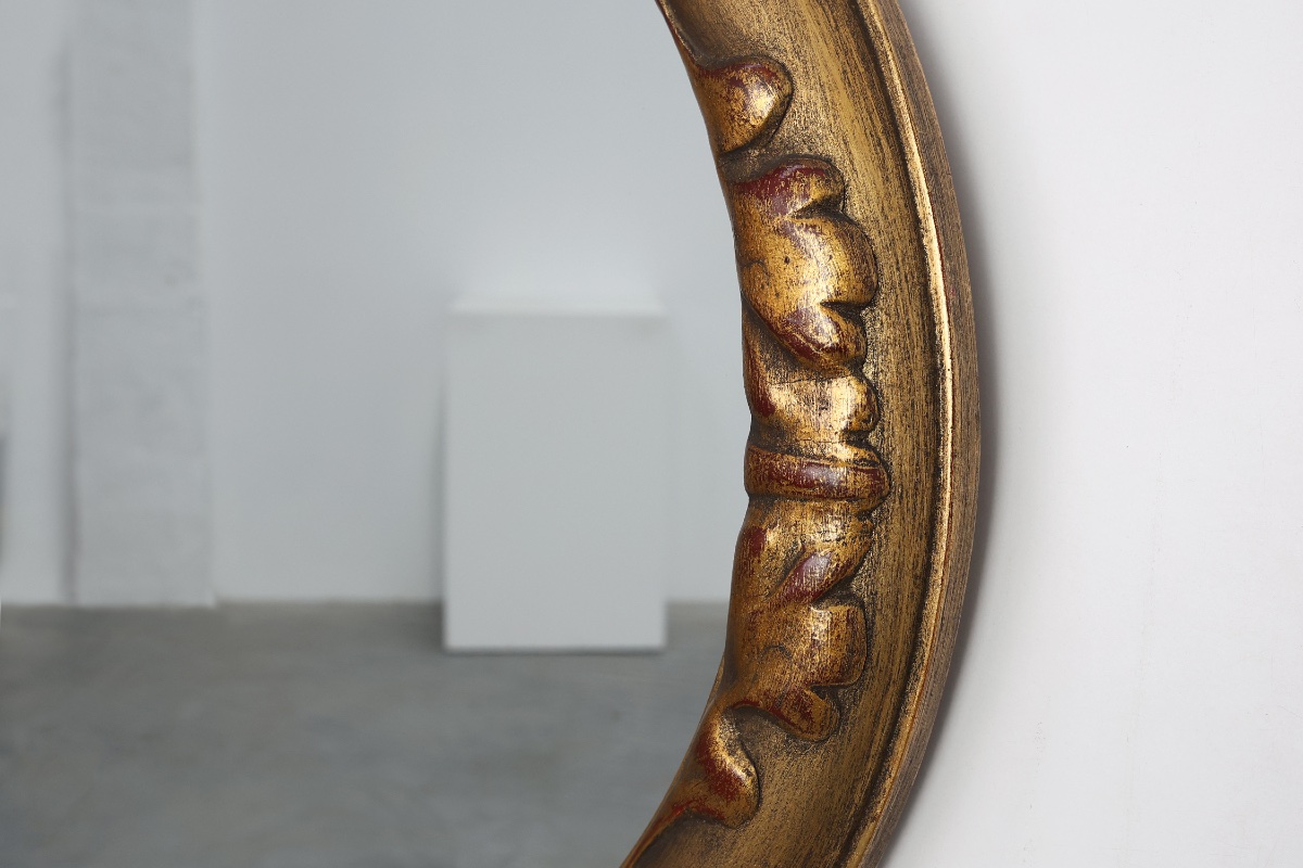 Art Deco Oval Mirror In Gilded Oak, Belgium, 1920s-photo-6