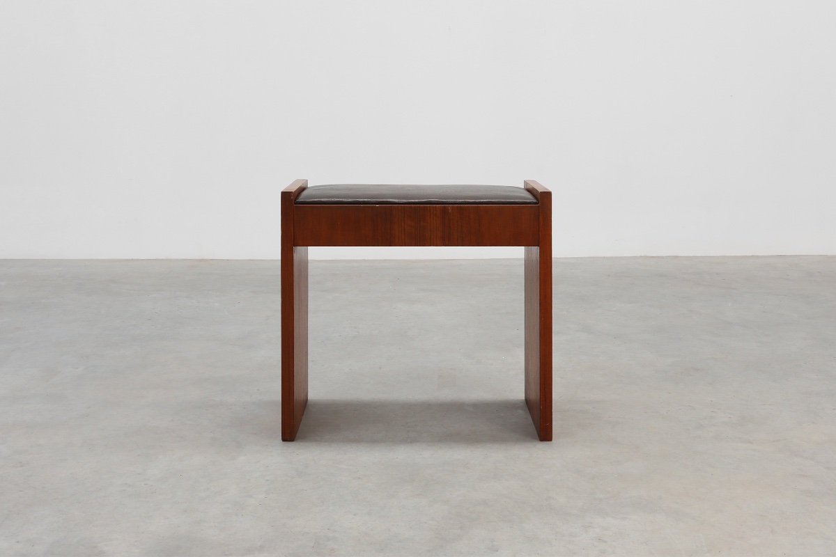Art deco Walnut Stool With Leather Seat, Belgium Ca. 1925-photo-5