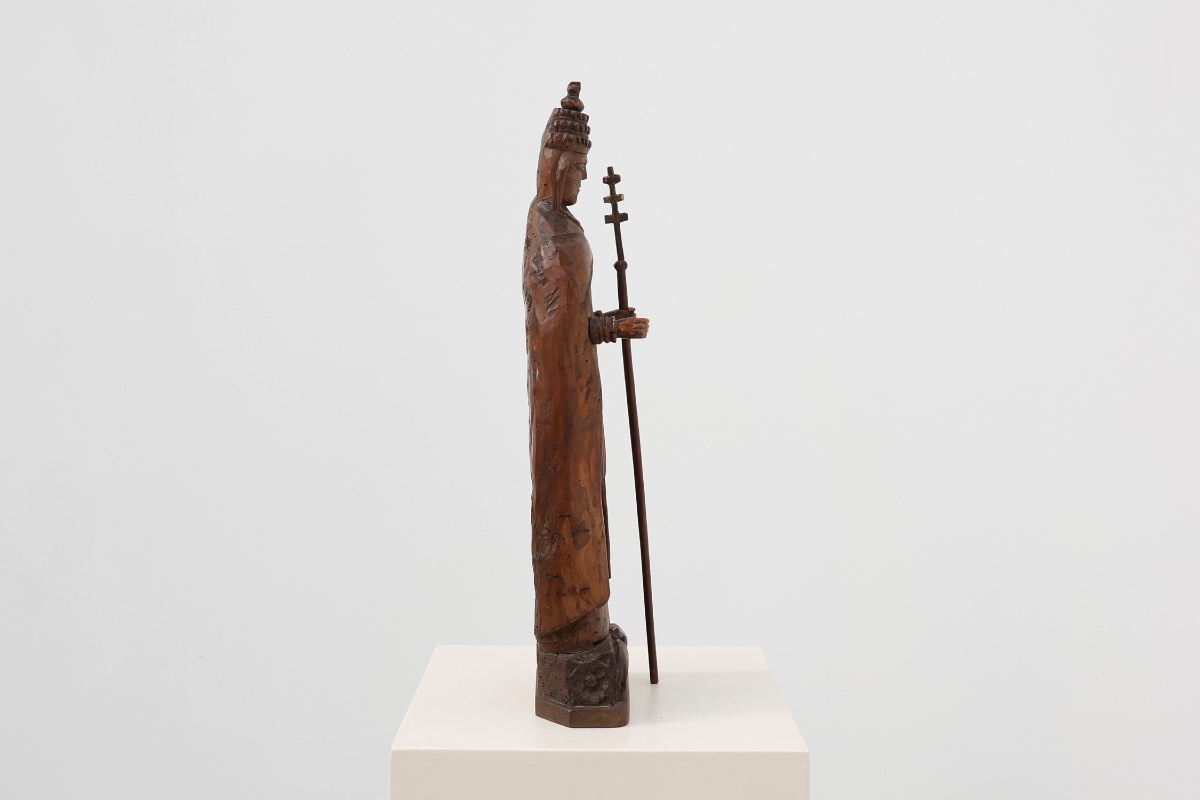 Statuette de saint Corneille en bois sculpté, avec tiare papale et crosse à triple croix, XVIII-photo-6