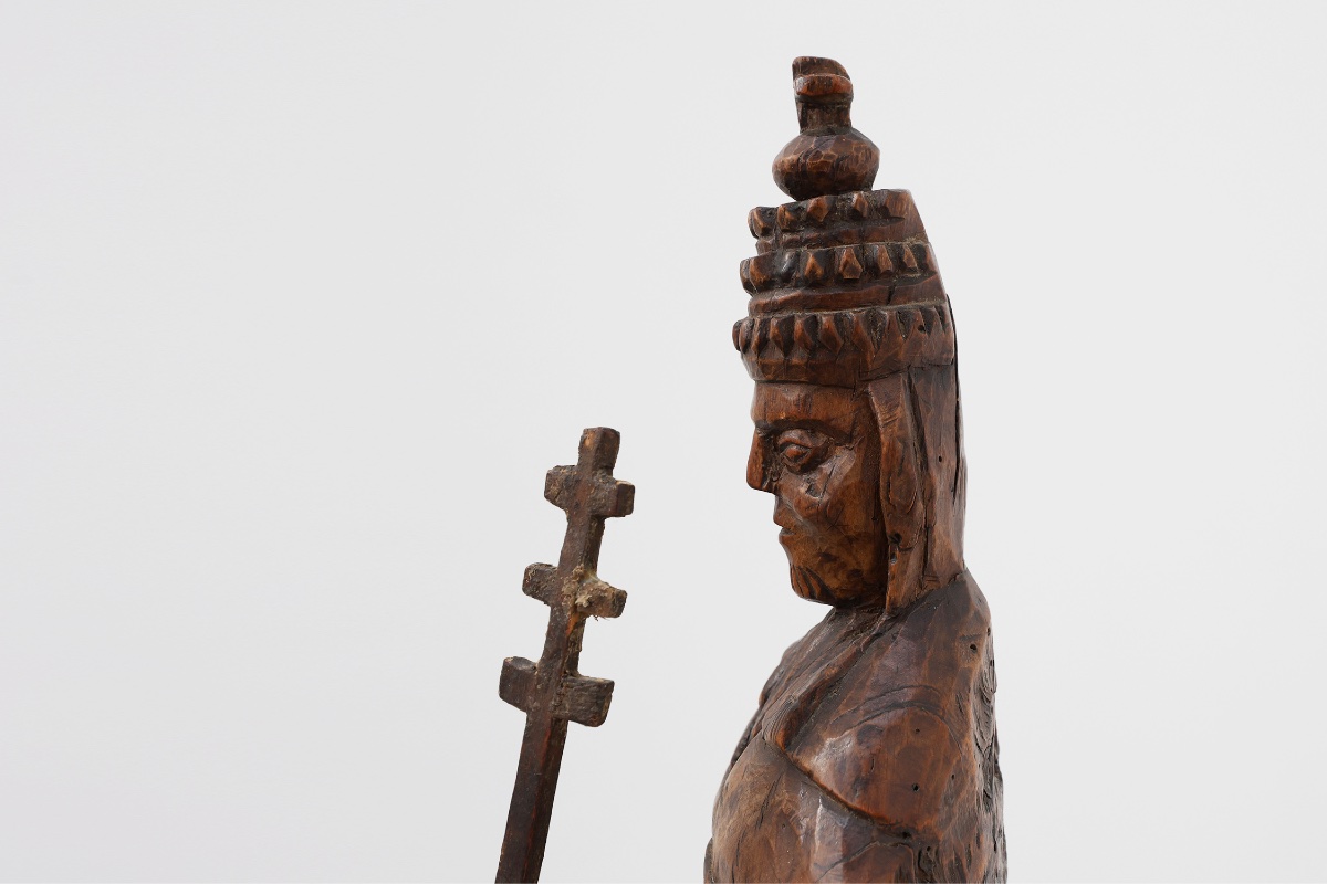 Statuette de saint Corneille en bois sculpté, avec tiare papale et crosse à triple croix, XVIII-photo-8