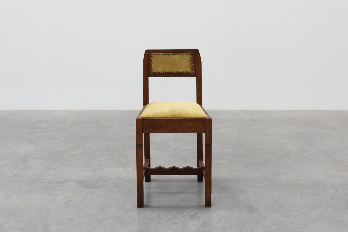 Belgian Art Deco Oak Side Chair, Yellow Upholstery, 1920s-photo-2