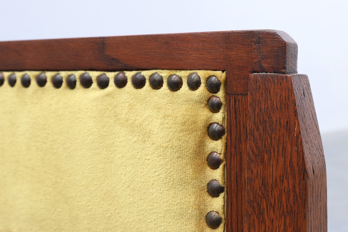 Belgian Art Deco Oak Side Chair, Yellow Upholstery, 1920s-photo-4