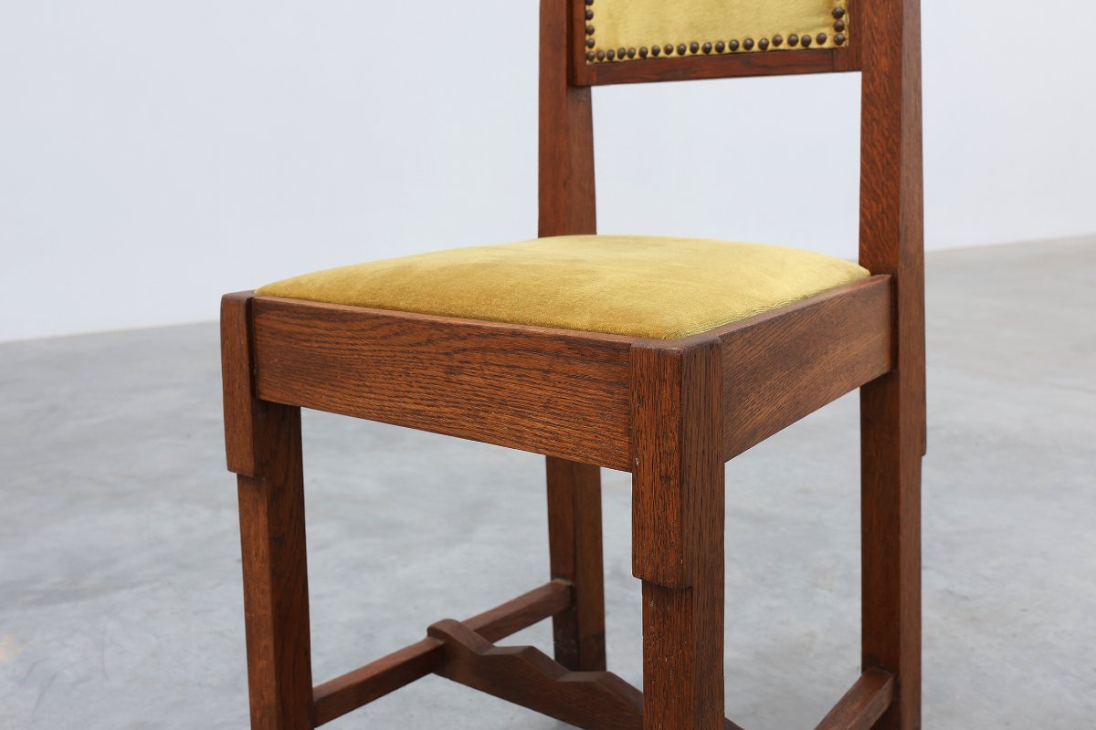 Belgian Art Deco Oak Side Chair, Yellow Upholstery, 1920s-photo-1
