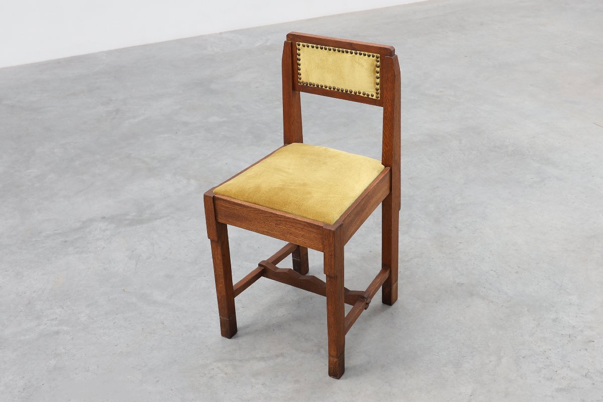Belgian Art Deco Oak Side Chair, Yellow Upholstery, 1920s-photo-2