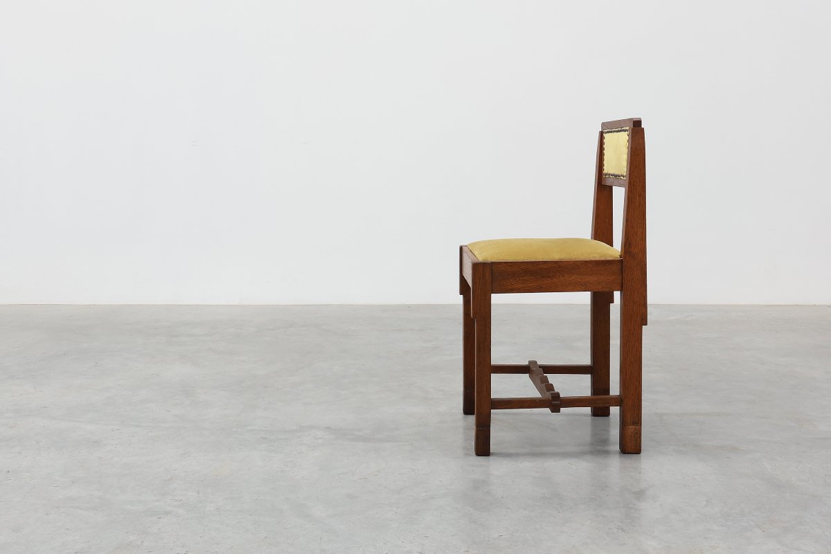Belgian Art Deco Oak Side Chair, Yellow Upholstery, 1920s-photo-4