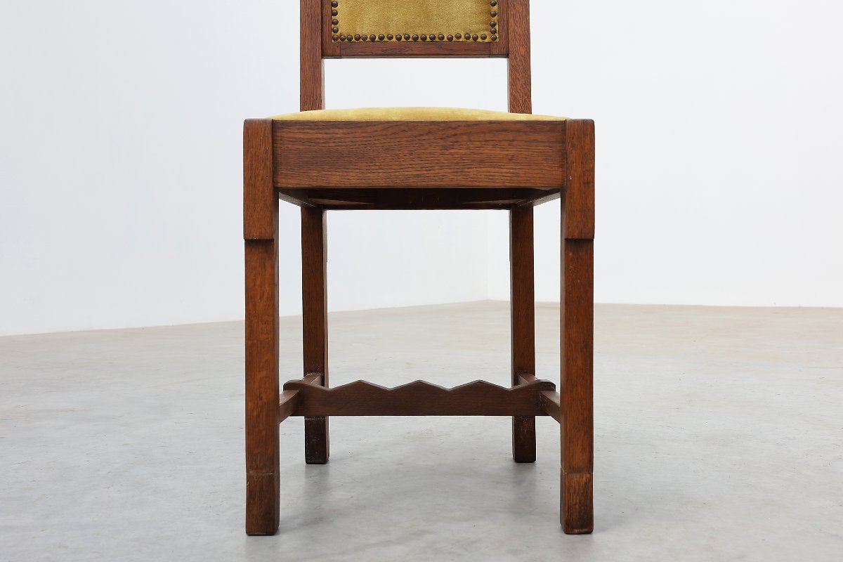 Belgian Art Deco Oak Side Chair, Yellow Upholstery, 1920s-photo-5