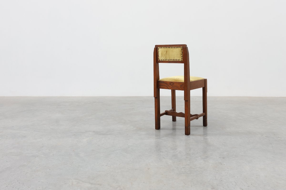 Belgian Art Deco Oak Side Chair, Yellow Upholstery, 1920s-photo-6
