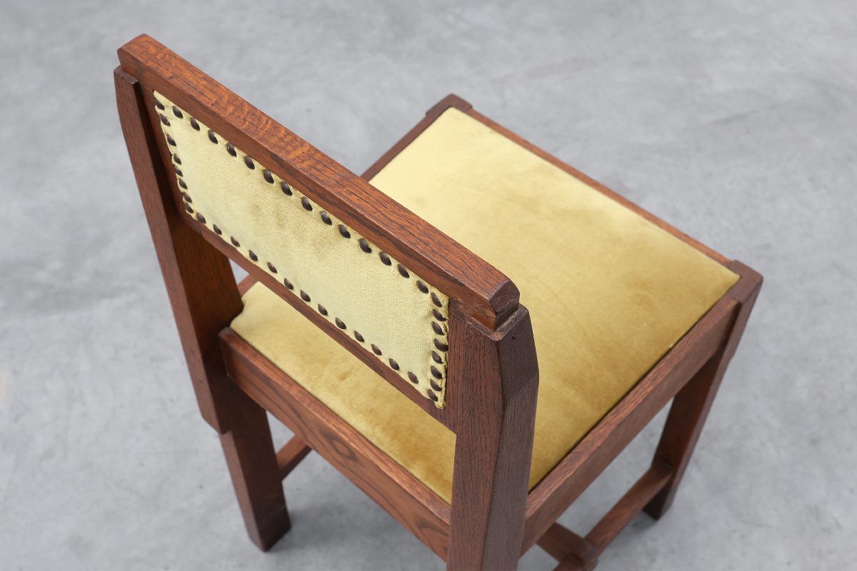 Belgian Art Deco Oak Side Chair, Yellow Upholstery, 1920s-photo-7