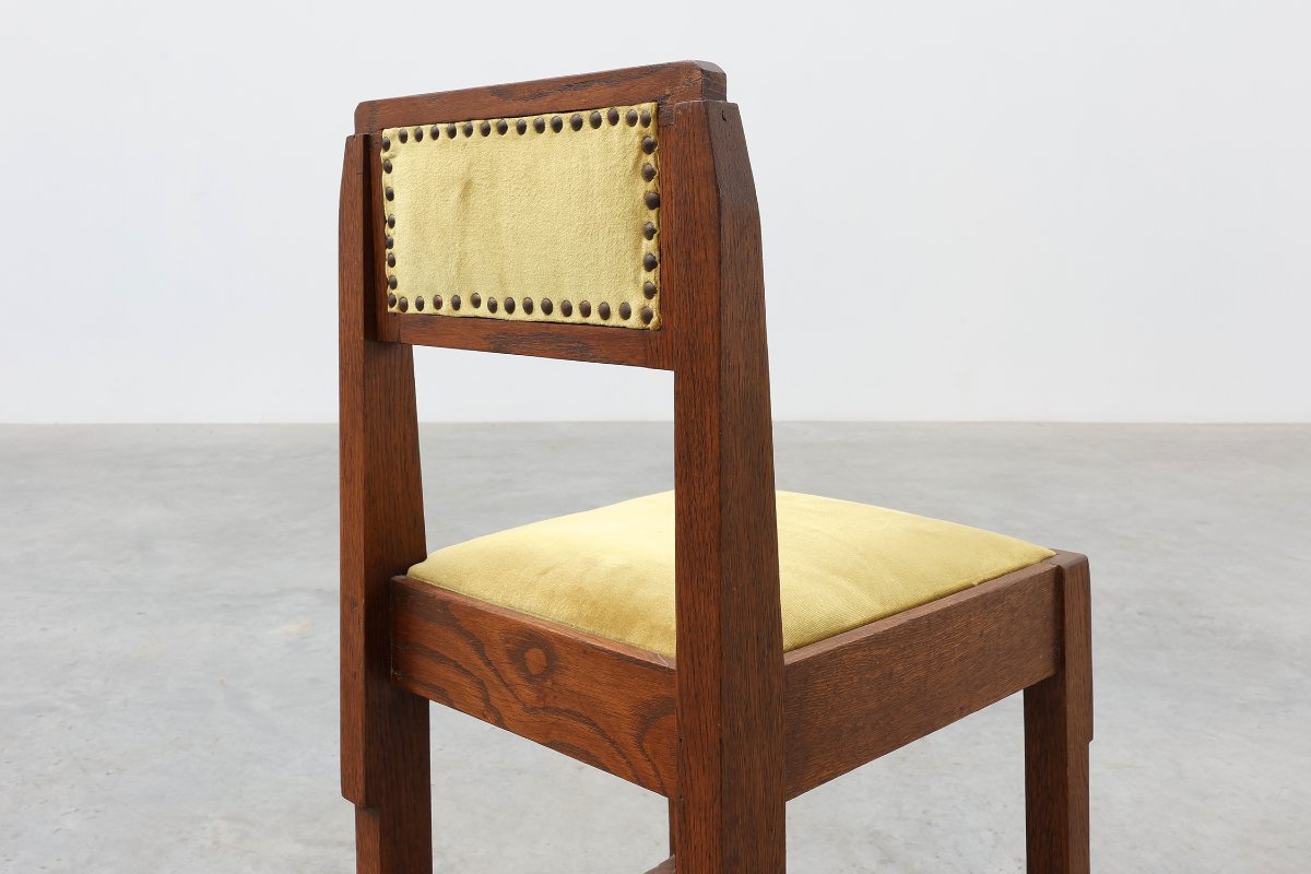 Belgian Art Deco Oak Side Chair, Yellow Upholstery, 1920s-photo-8