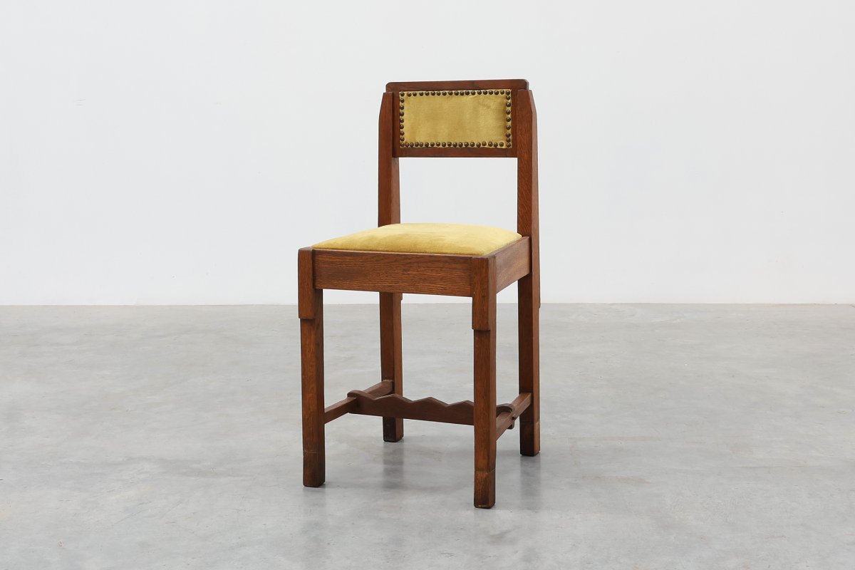 Belgian Art Deco Oak Side Chair, Yellow Upholstery, 1920s