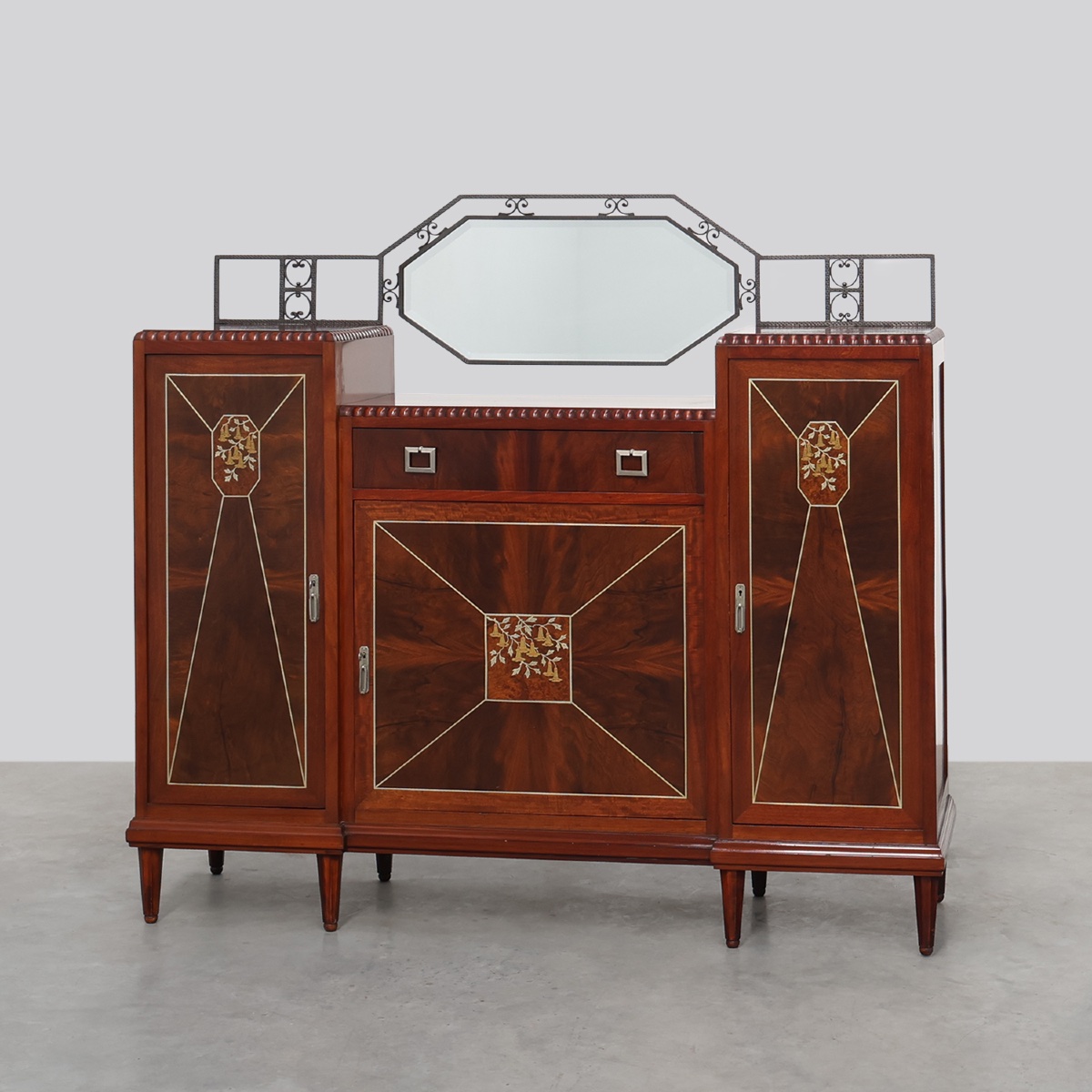 Art Deco Marquetry Cabinet With Wrought Iron Mirror Crest, Belgium, 1920s