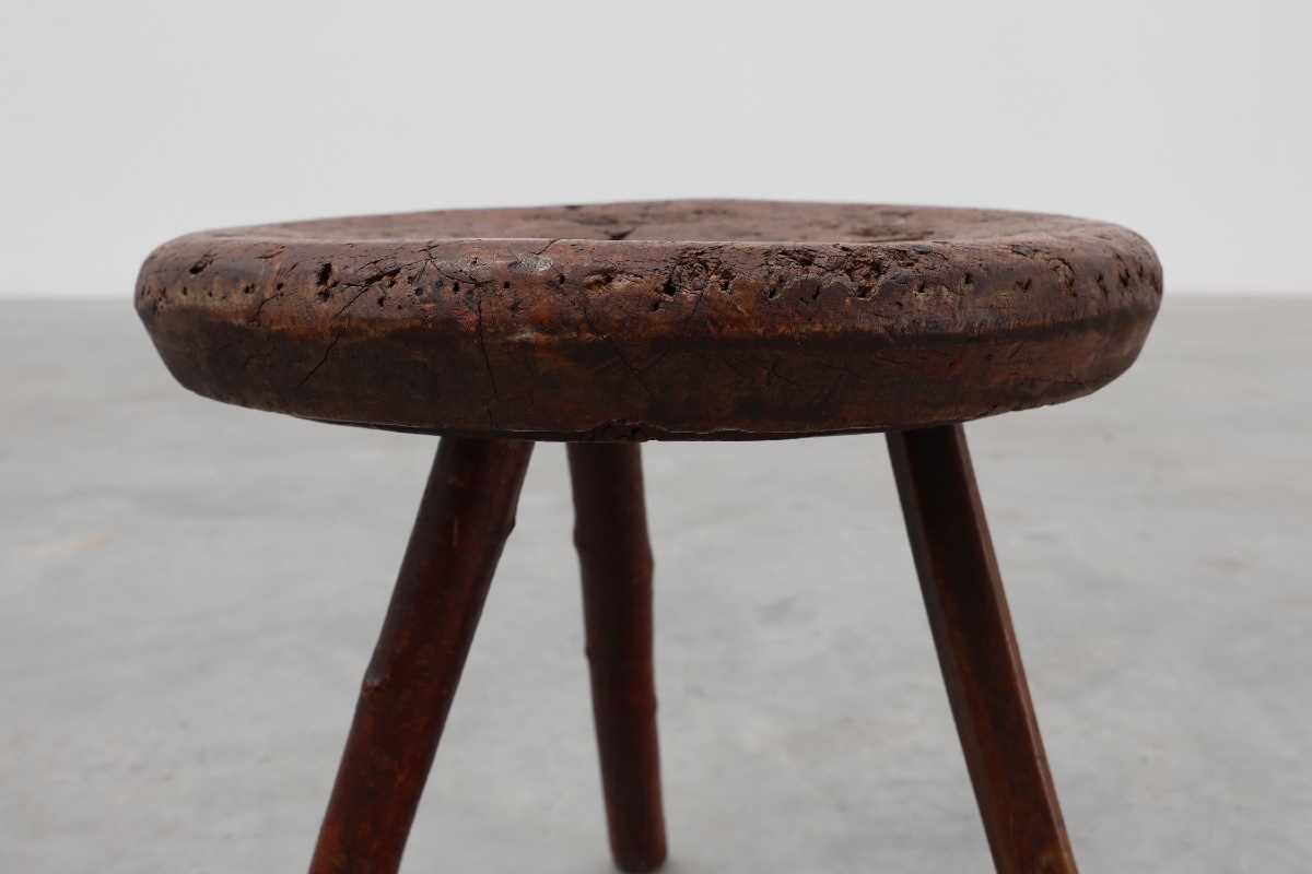 Rustic Wabi-sabi Style Oak Tripod Stool, France, 1850s-photo-3