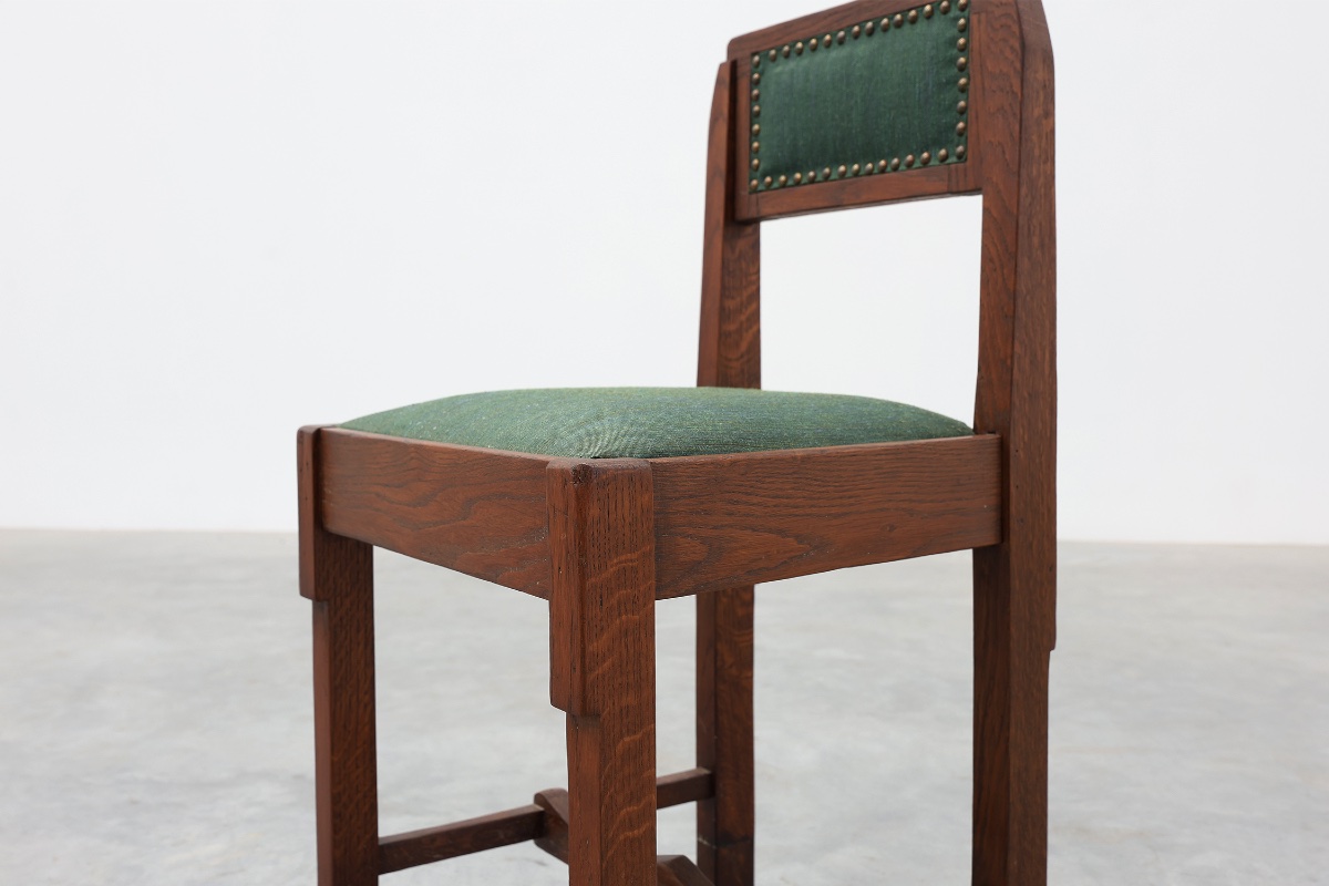 Belgian Art Deco Oak Side Chair With  Green Upholstery, Modernist 1920s-photo-2