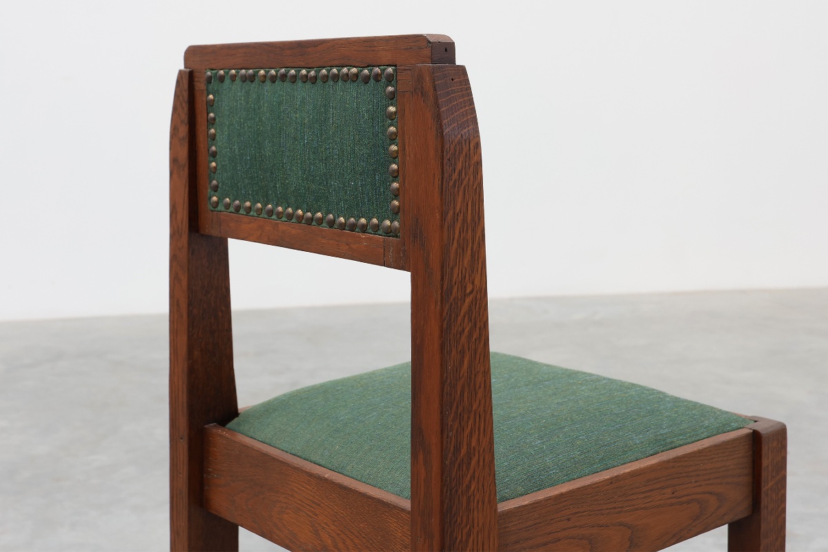 Belgian Art Deco Oak Side Chair With  Green Upholstery, Modernist 1920s-photo-3