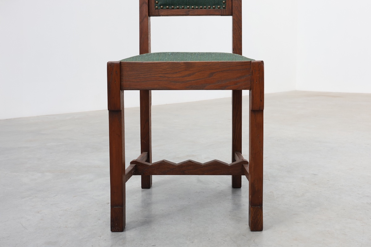 Belgian Art Deco Oak Side Chair With  Green Upholstery, Modernist 1920s-photo-2