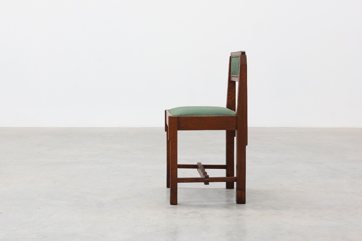 Belgian Art Deco Oak Side Chair With  Green Upholstery, Modernist 1920s-photo-4