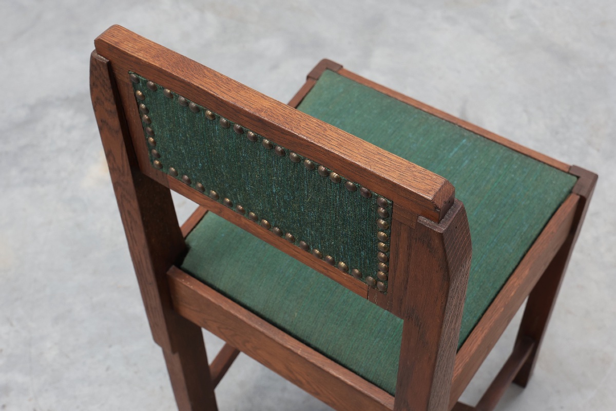 Belgian Art Deco Oak Side Chair With  Green Upholstery, Modernist 1920s-photo-6