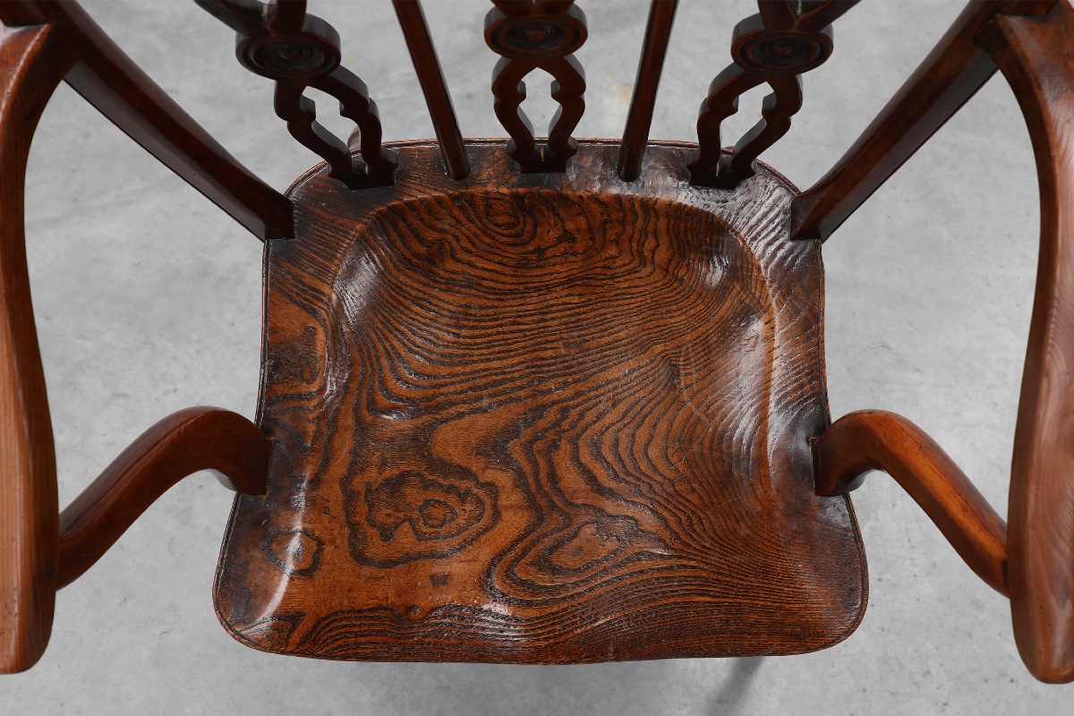Fauteuil Windsor anglais avec assise en chêne et dossier à fuseaux, XIXe siècle-photo-4