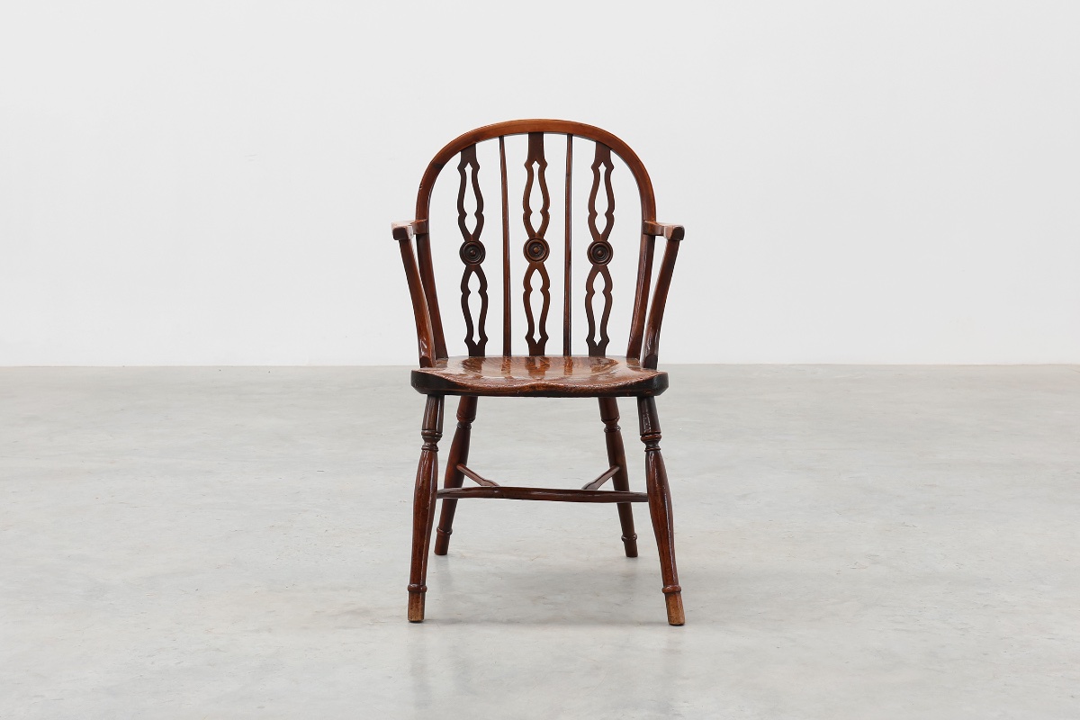 Fauteuil Windsor anglais avec assise en chêne et dossier à fuseaux, XIXe siècle-photo-8