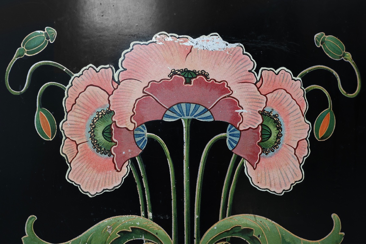 Art nouveau Black Lacquer Fire Screen With Hand‑painted Floral Motif, France, ca . 1910-photo-1