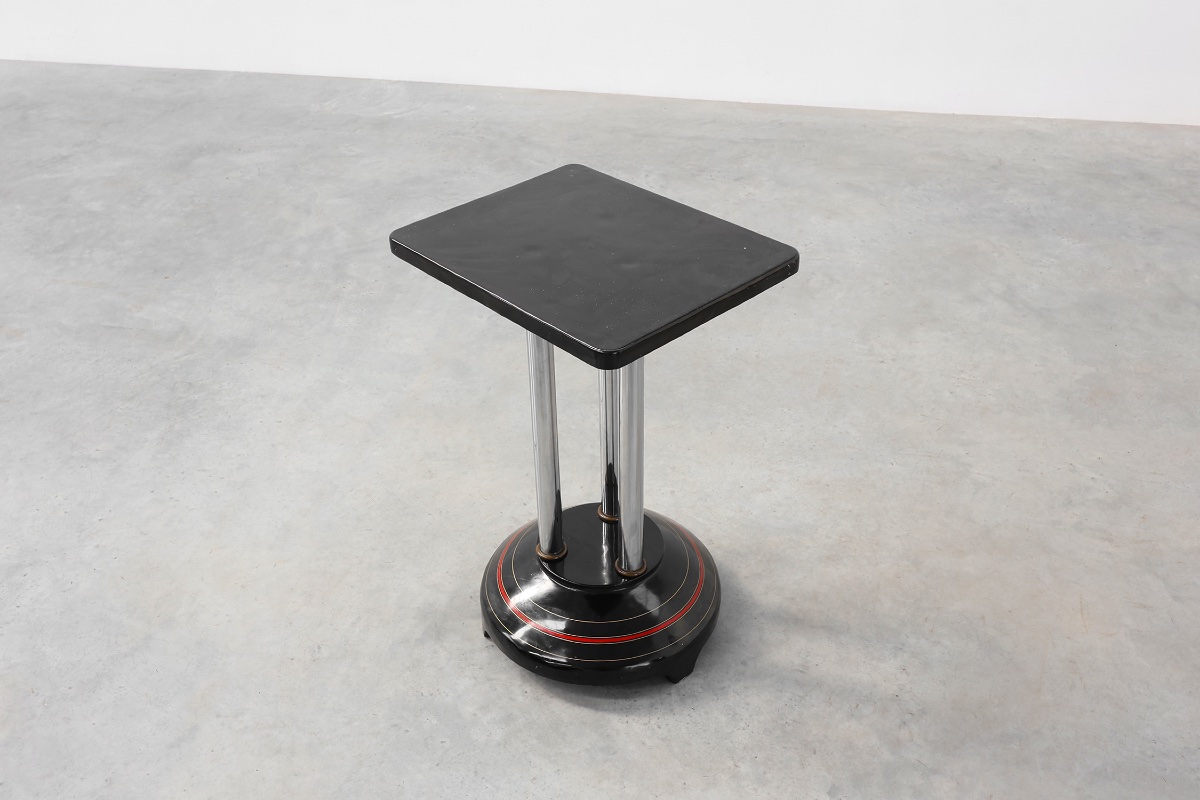 Art Deco Pedestal Table With Three Chrome Columns And Black Lacquered Base, France 1920s-photo-5