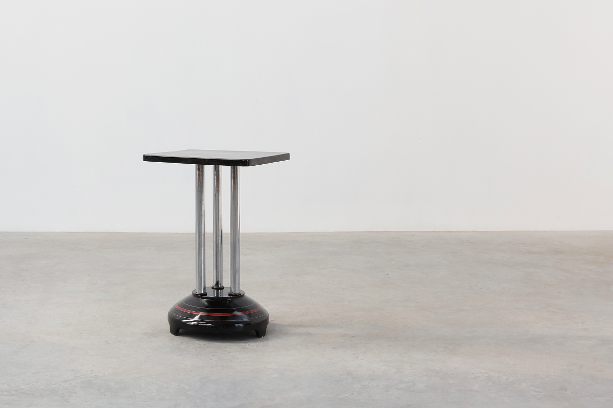 Art Deco Pedestal Table With Three Chrome Columns And Black Lacquered Base, France 1920s-photo-8