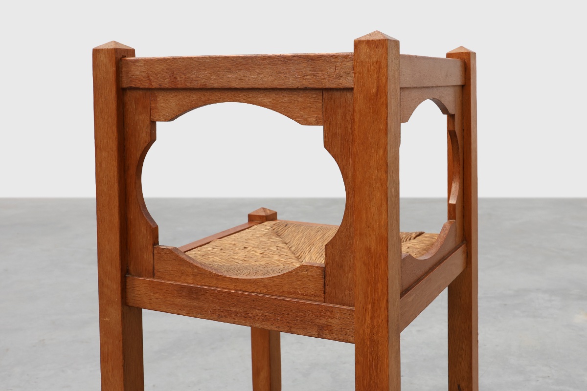 Chaise d'angle Art Déco en chêne avec dossier ajouré et assise en jonc, Belgique, vers 1920-photo-4