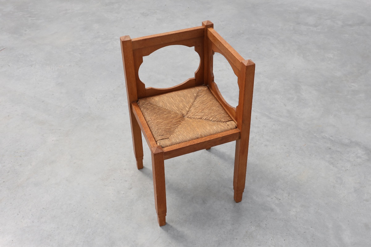 Chaise d'angle Art Déco en chêne avec dossier ajouré et assise en jonc, Belgique, vers 1920-photo-7