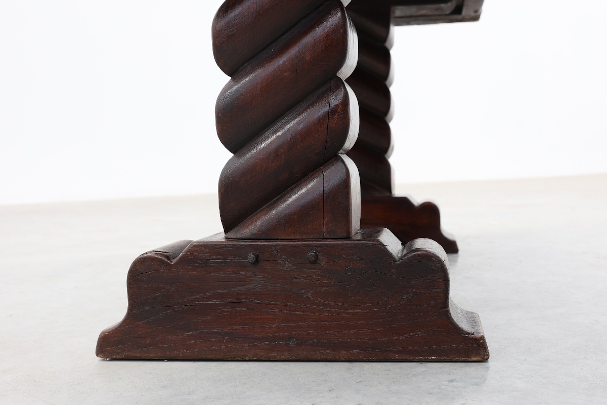 Dark Oak Coffee Table With Spiral‑turned Trestle Legs, France, Circa 1915-photo-3