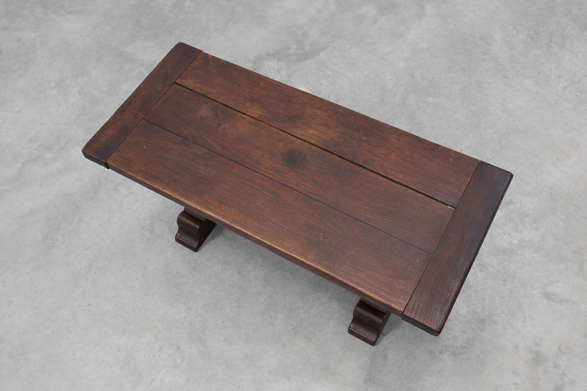 Dark Oak Coffee Table With Spiral‑turned Trestle Legs, France, Circa 1915-photo-4