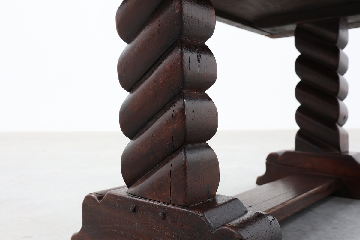 Dark Oak Coffee Table With Spiral‑turned Trestle Legs, France, Circa 1915-photo-1