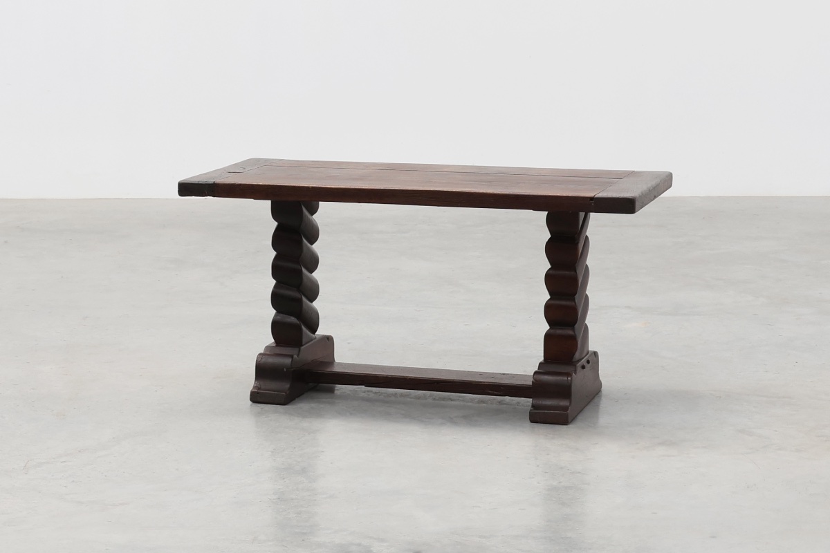 Dark Oak Coffee Table With Spiral‑turned Trestle Legs, France, Circa 1915-photo-2