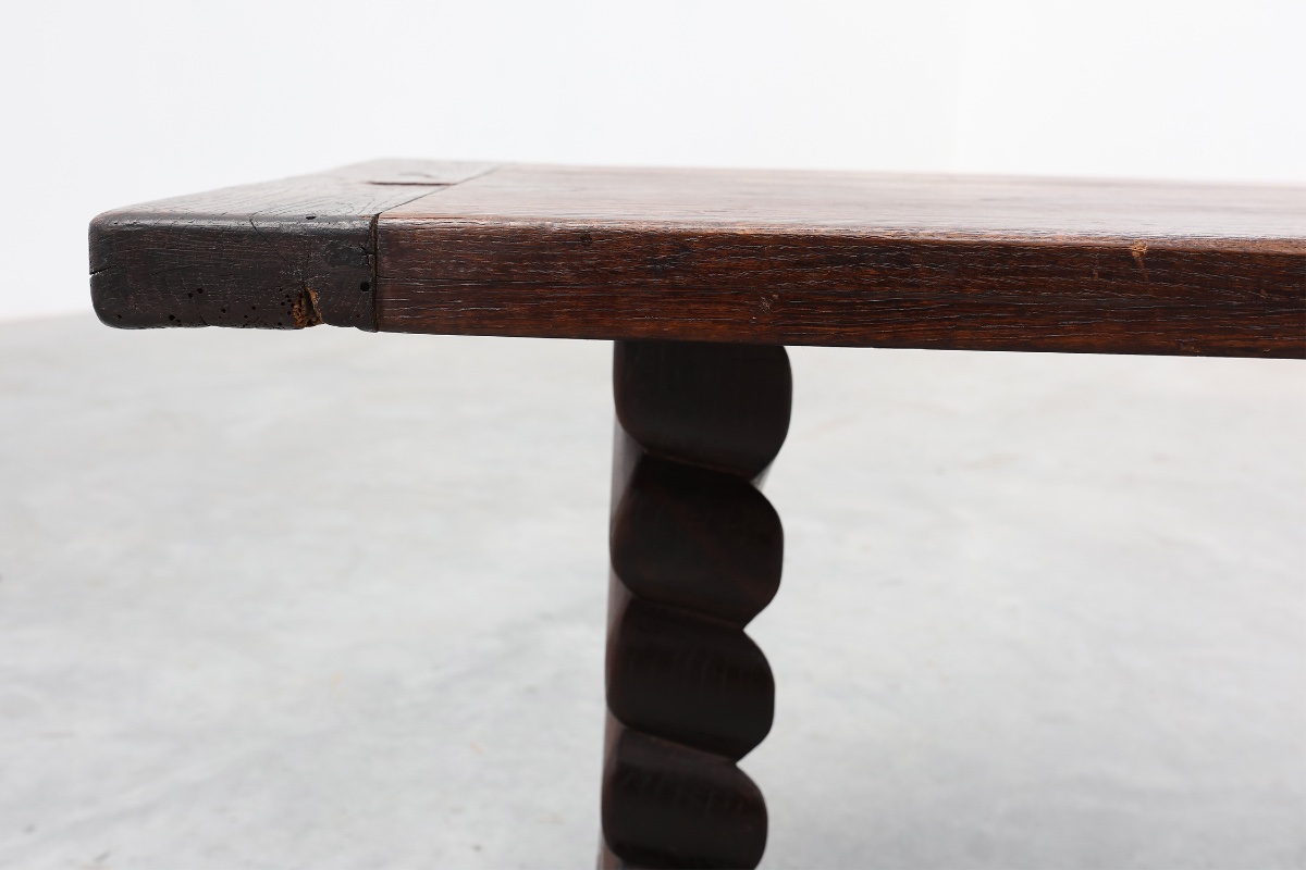 Dark Oak Coffee Table With Spiral‑turned Trestle Legs, France, Circa 1915-photo-3