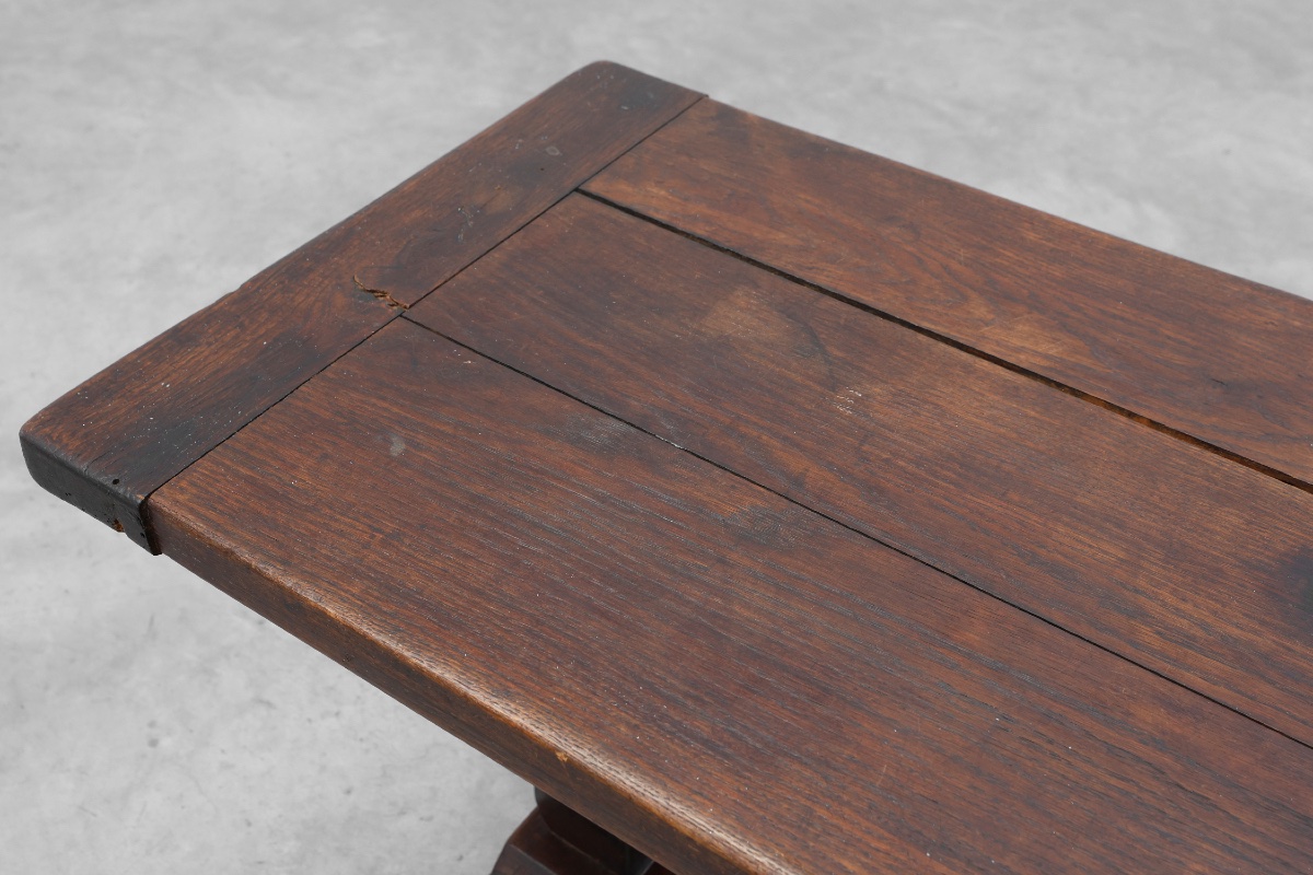 Dark Oak Coffee Table With Spiral‑turned Trestle Legs, France, Circa 1915-photo-4