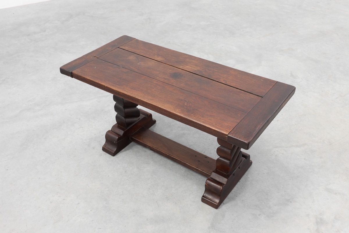 Dark Oak Coffee Table With Spiral‑turned Trestle Legs, France, Circa 1915-photo-5