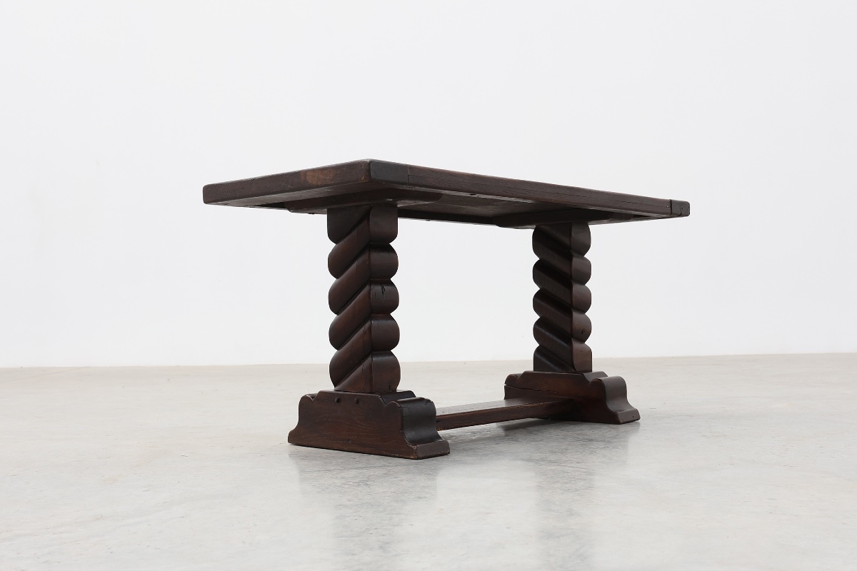 Dark Oak Coffee Table With Spiral‑turned Trestle Legs, France, Circa 1915-photo-8