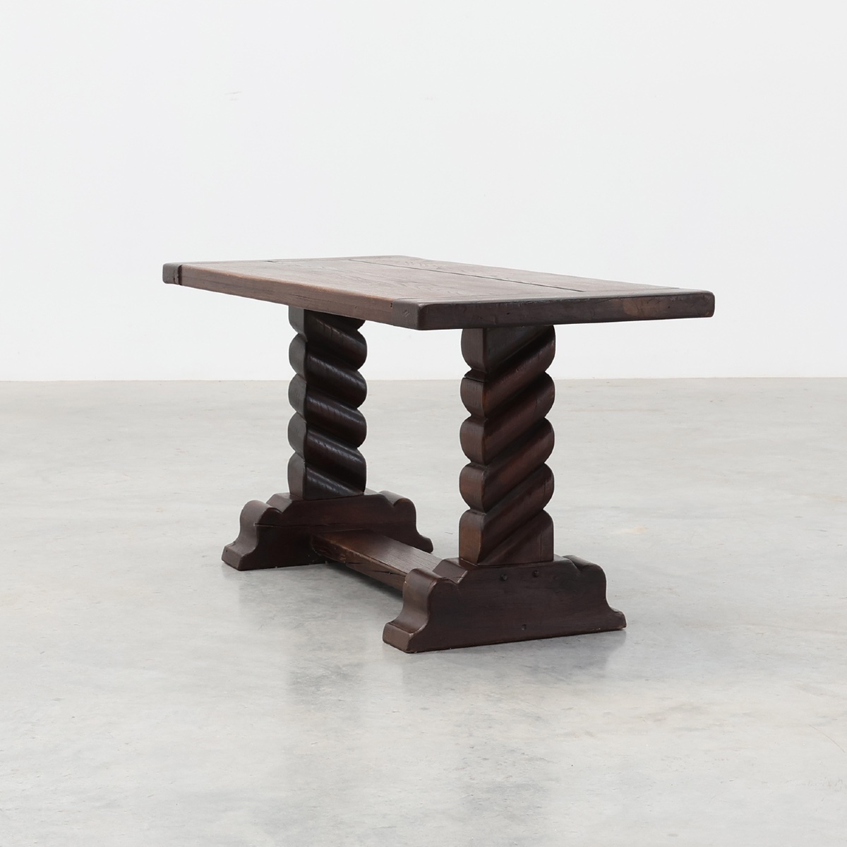 Dark Oak Coffee Table With Spiral‑turned Trestle Legs, France, Circa 1915