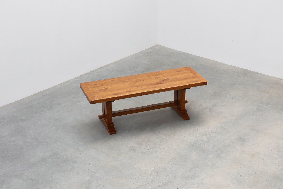Solid oak trestle table with pegged stretcher, France, 20th century-photo-4