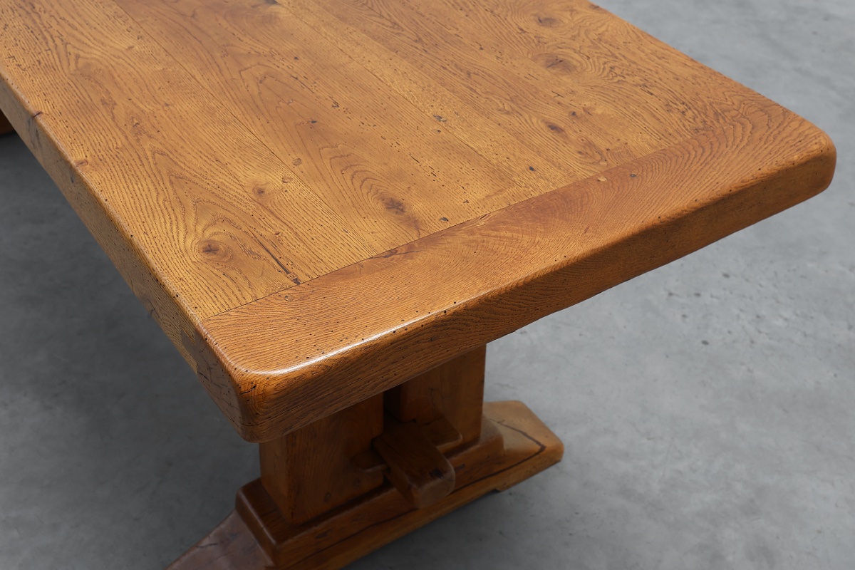 Solid oak trestle table with pegged stretcher, France, 20th century-photo-2