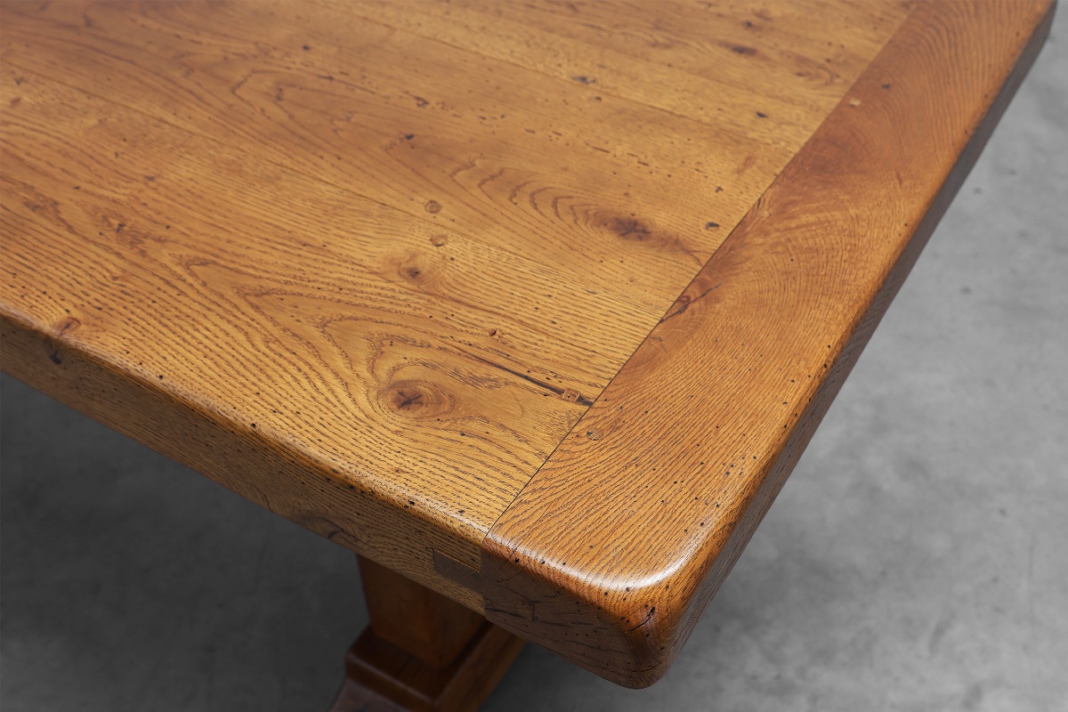 Solid oak trestle table with pegged stretcher, France, 20th century-photo-3