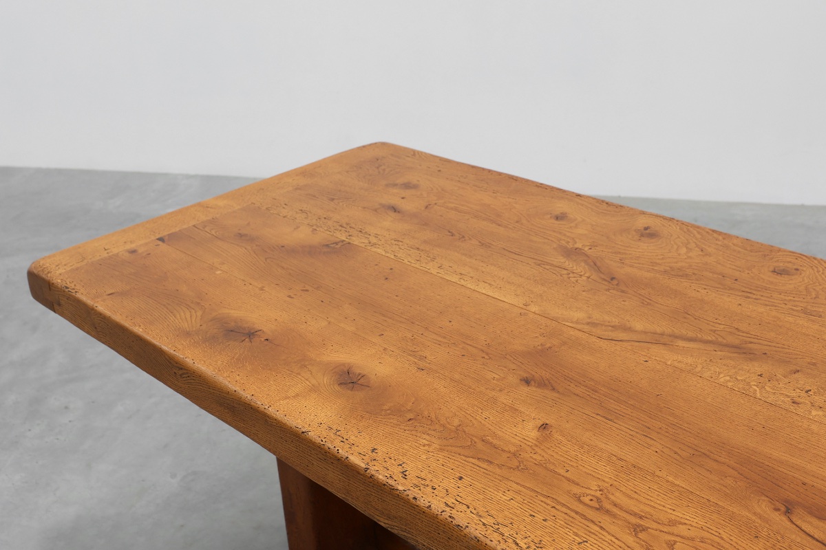 Solid oak trestle table with pegged stretcher, France, 20th century-photo-4