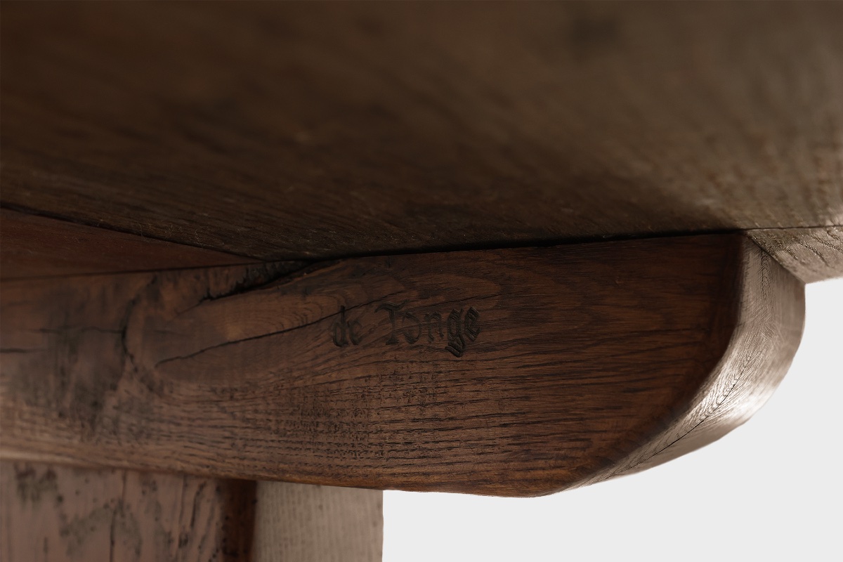 Solid oak trestle table with pegged stretcher, France, 20th century-photo-8