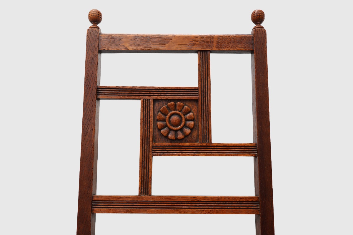 Art Deco Oak Side Chair With Carved Rosette Back And Turned Front Legs, Belgium-photo-2