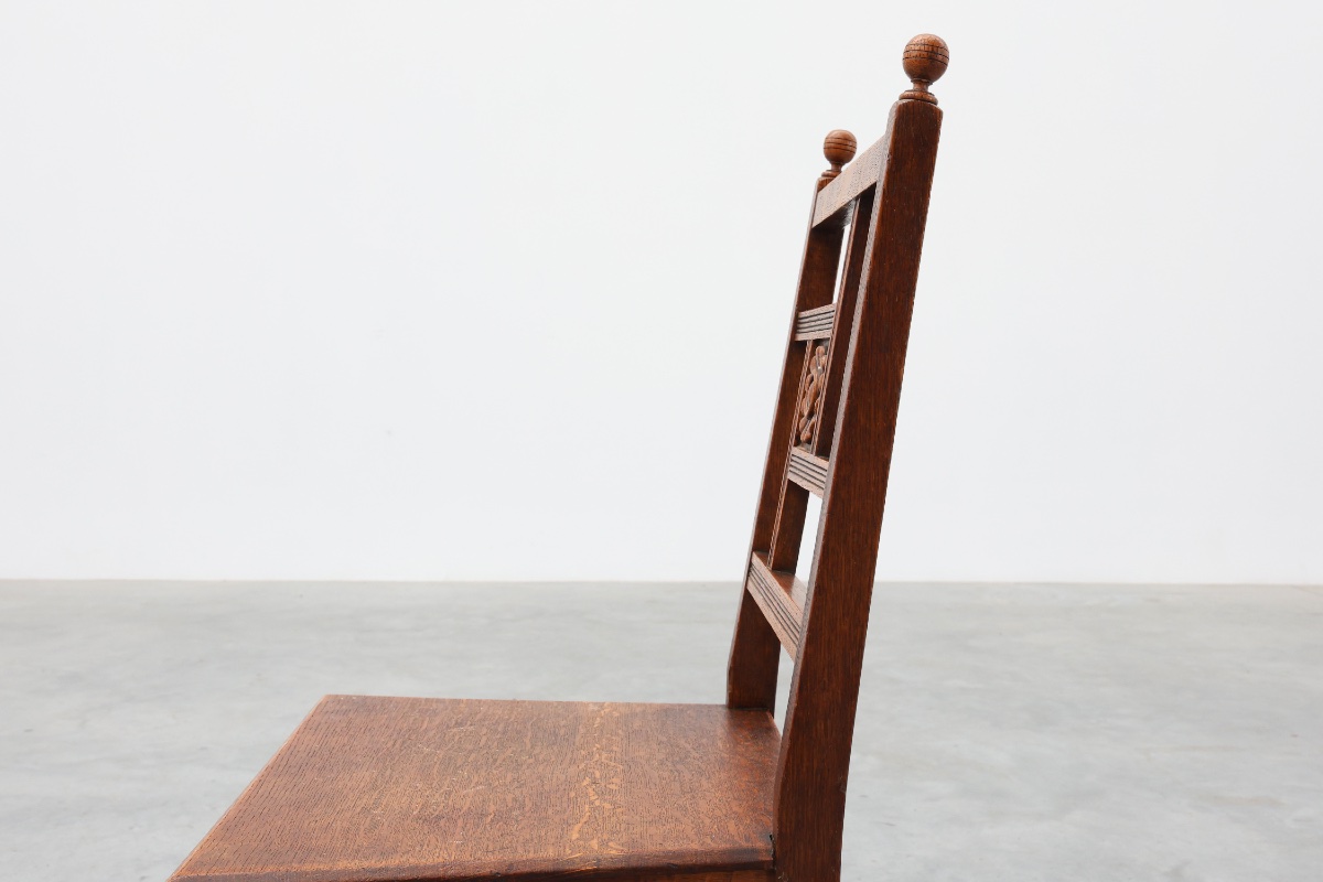 Art Deco Oak Side Chair With Carved Rosette Back And Turned Front Legs, Belgium-photo-3