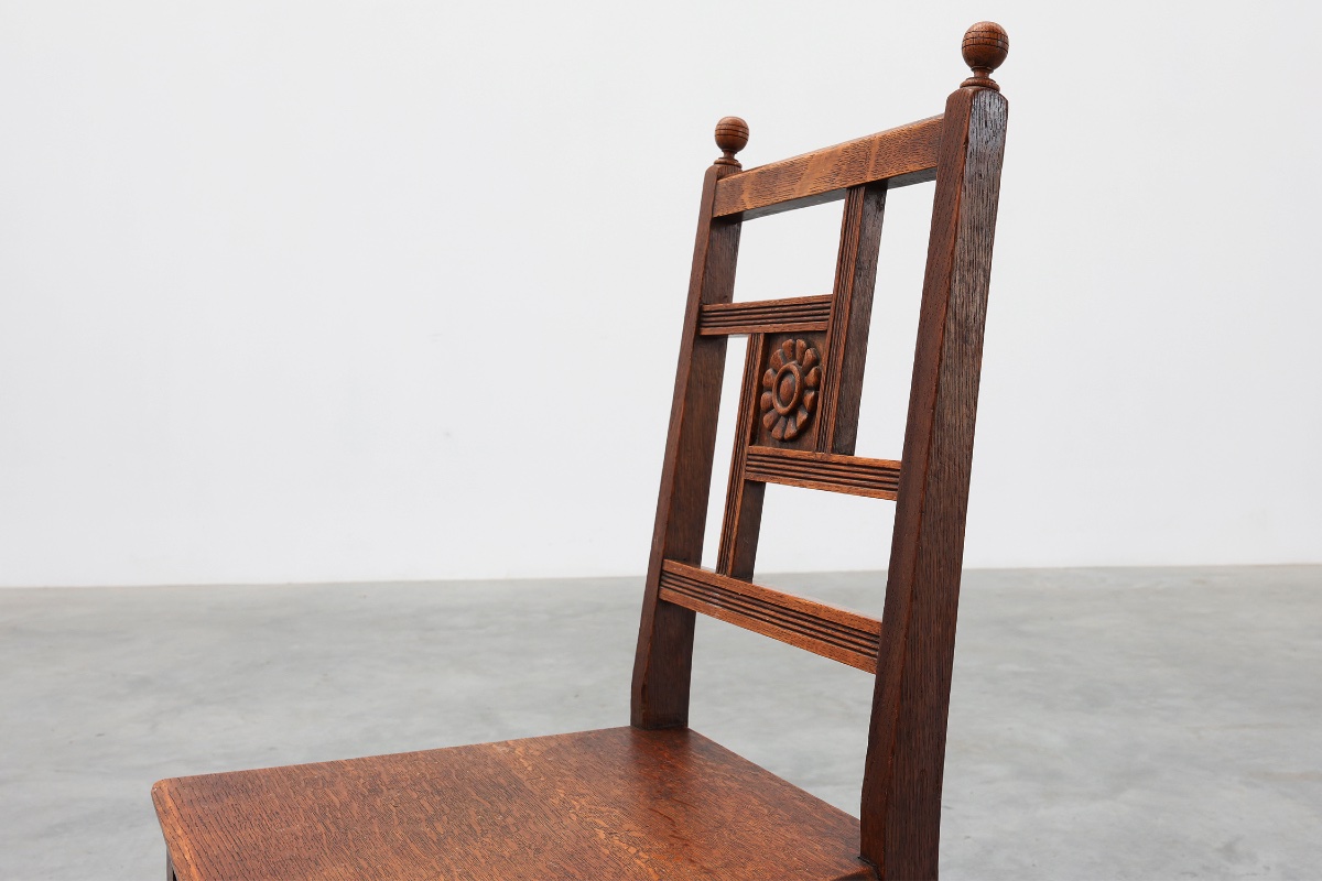 Art Deco Oak Side Chair With Carved Rosette Back And Turned Front Legs, Belgium-photo-4