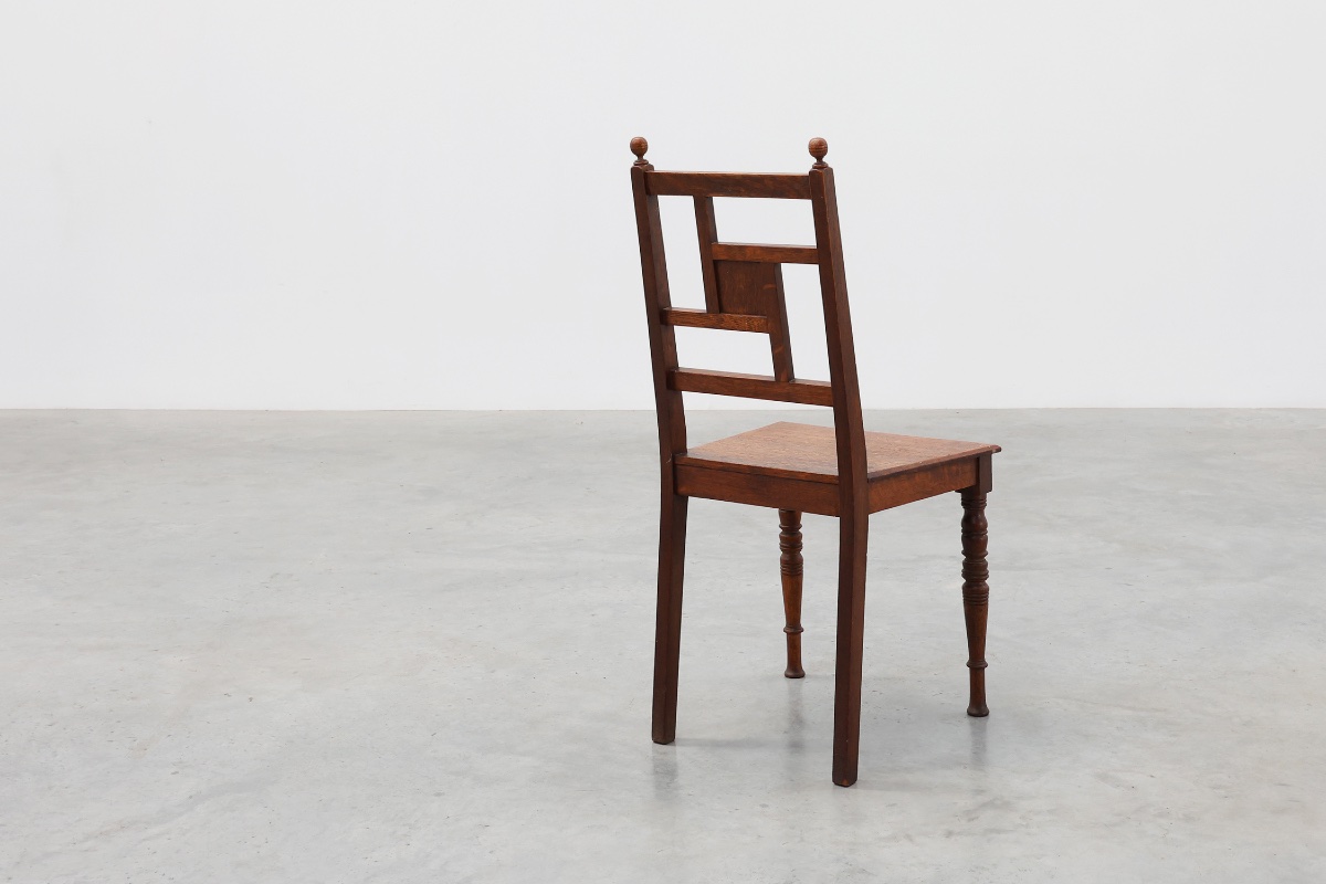 Art Deco Oak Side Chair With Carved Rosette Back And Turned Front Legs, Belgium-photo-8