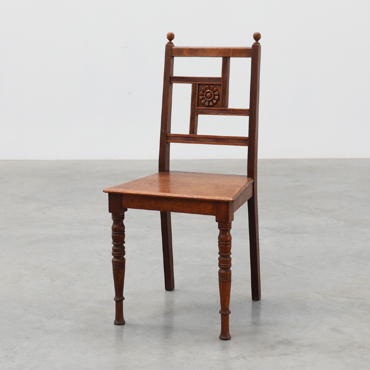Art Deco Oak Side Chair With Carved Rosette Back And Turned Front Legs, Belgium